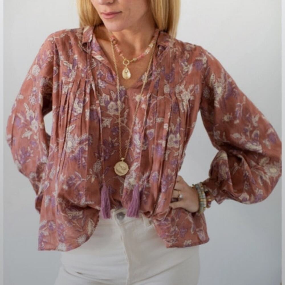 Marea Floral Cotton Peasant Blouse Small Boho Tie Neck Long Sleeve Top Pink